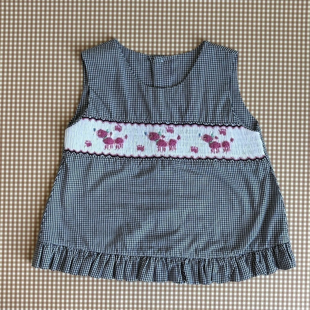 Smocked baby girl top. French Poodle dog smocked embroidery. Size 24 months